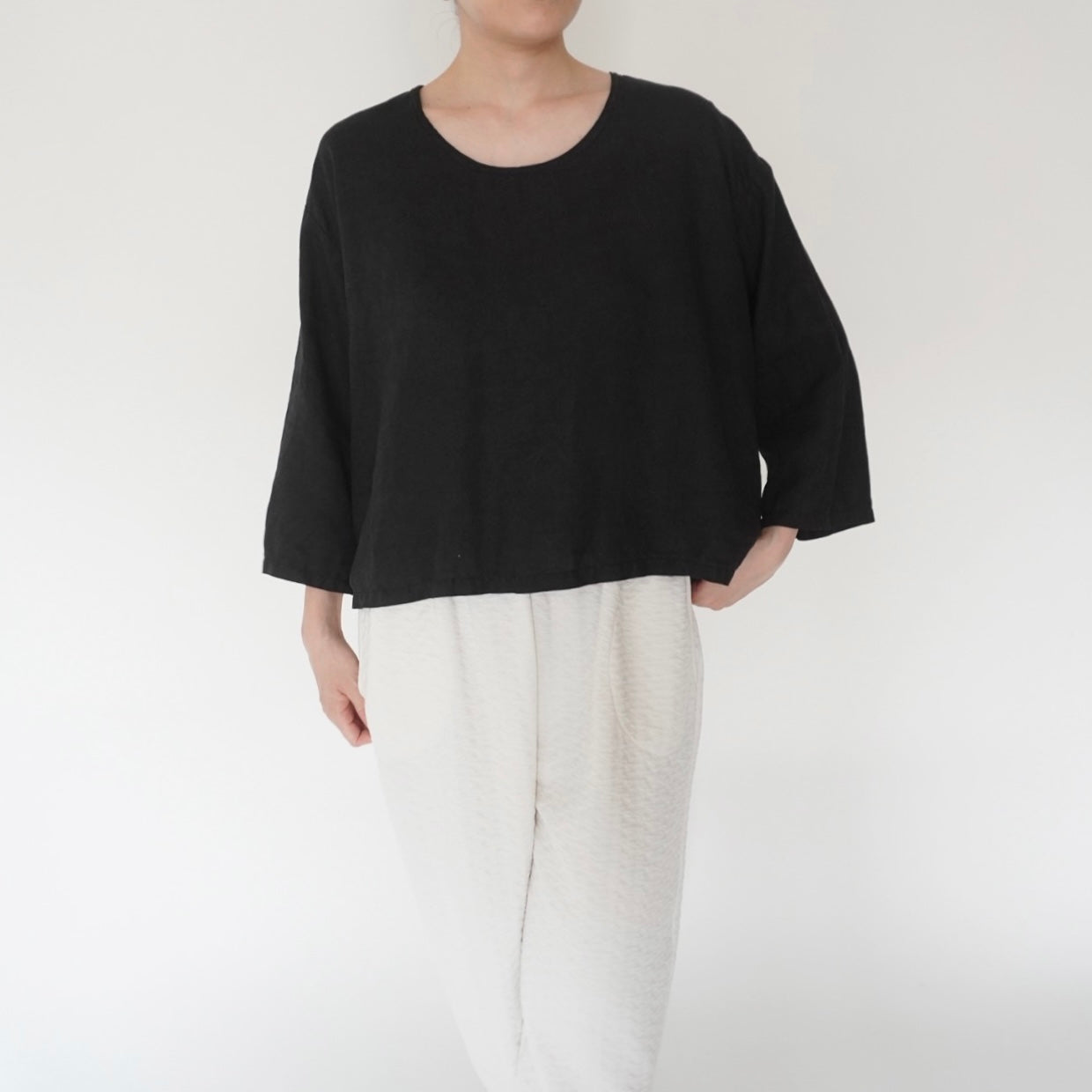 90s Black Linen Boxy Blouse