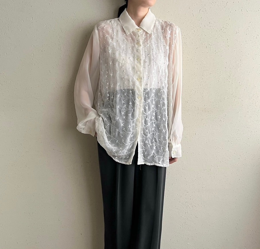 90s Sheer Embroidery Shirt  Made in USA