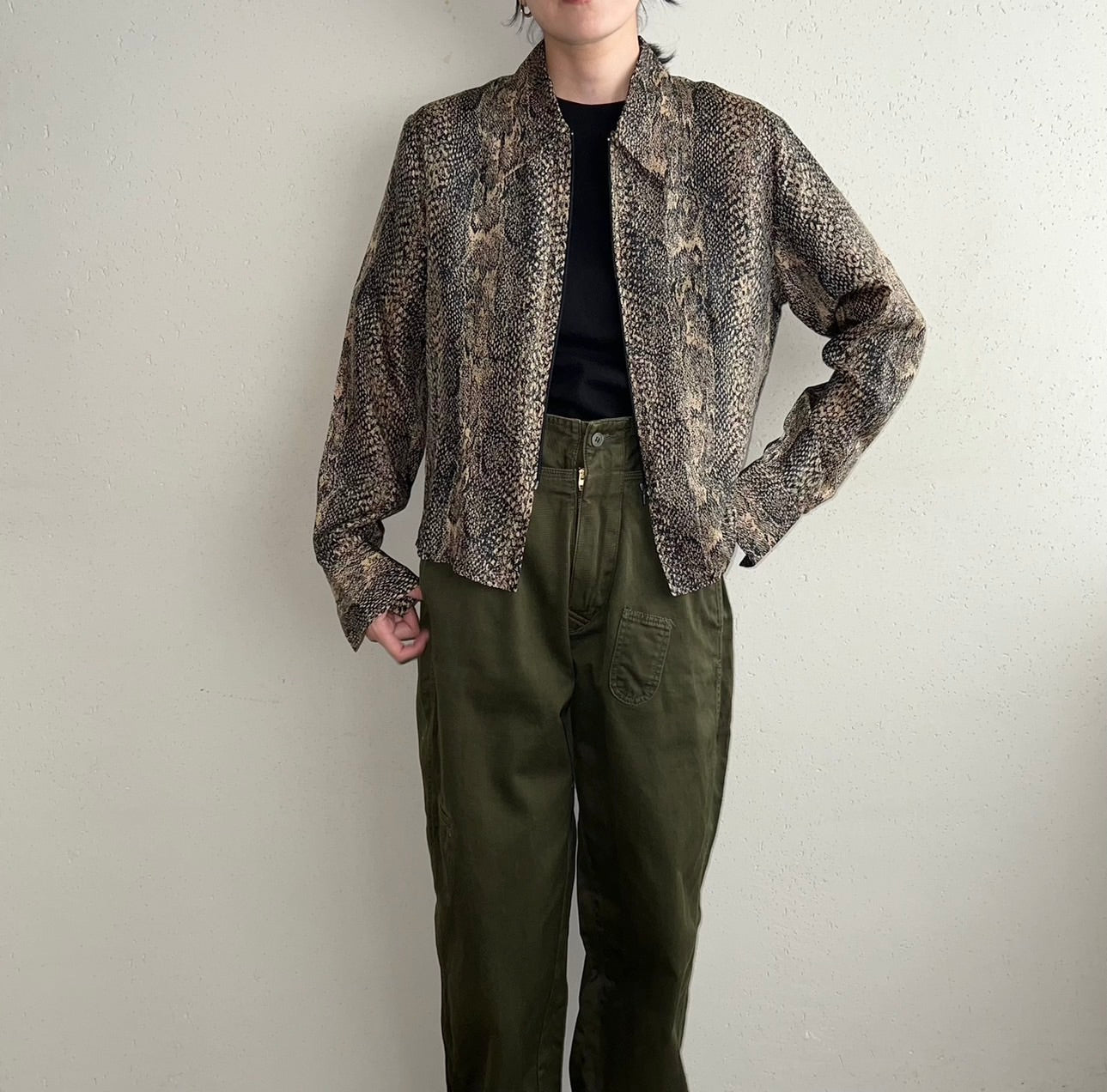 90s  Python Pattern Zipped Silk Shirt