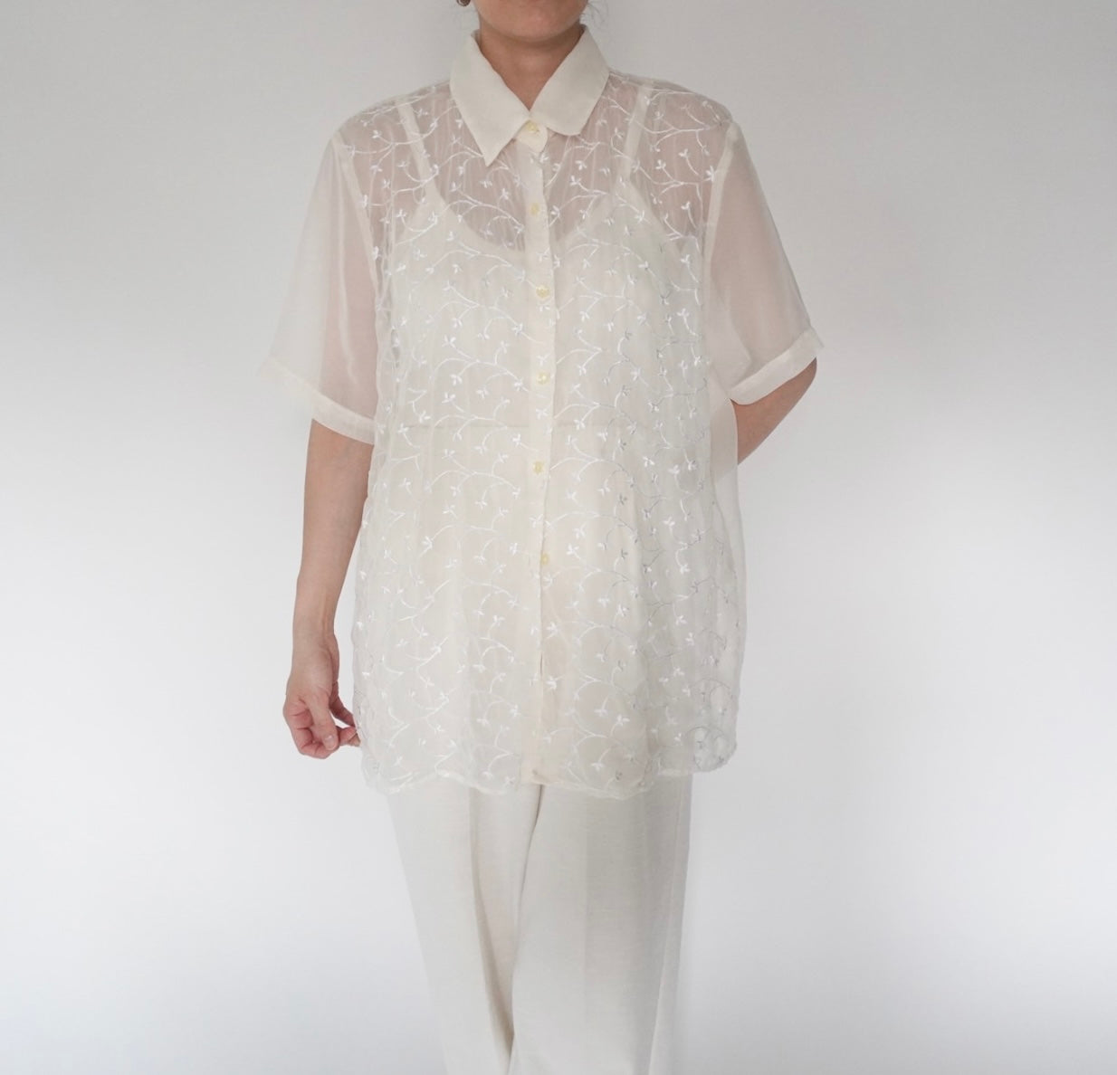90s Embroidery Sheer Shirt Made in USA