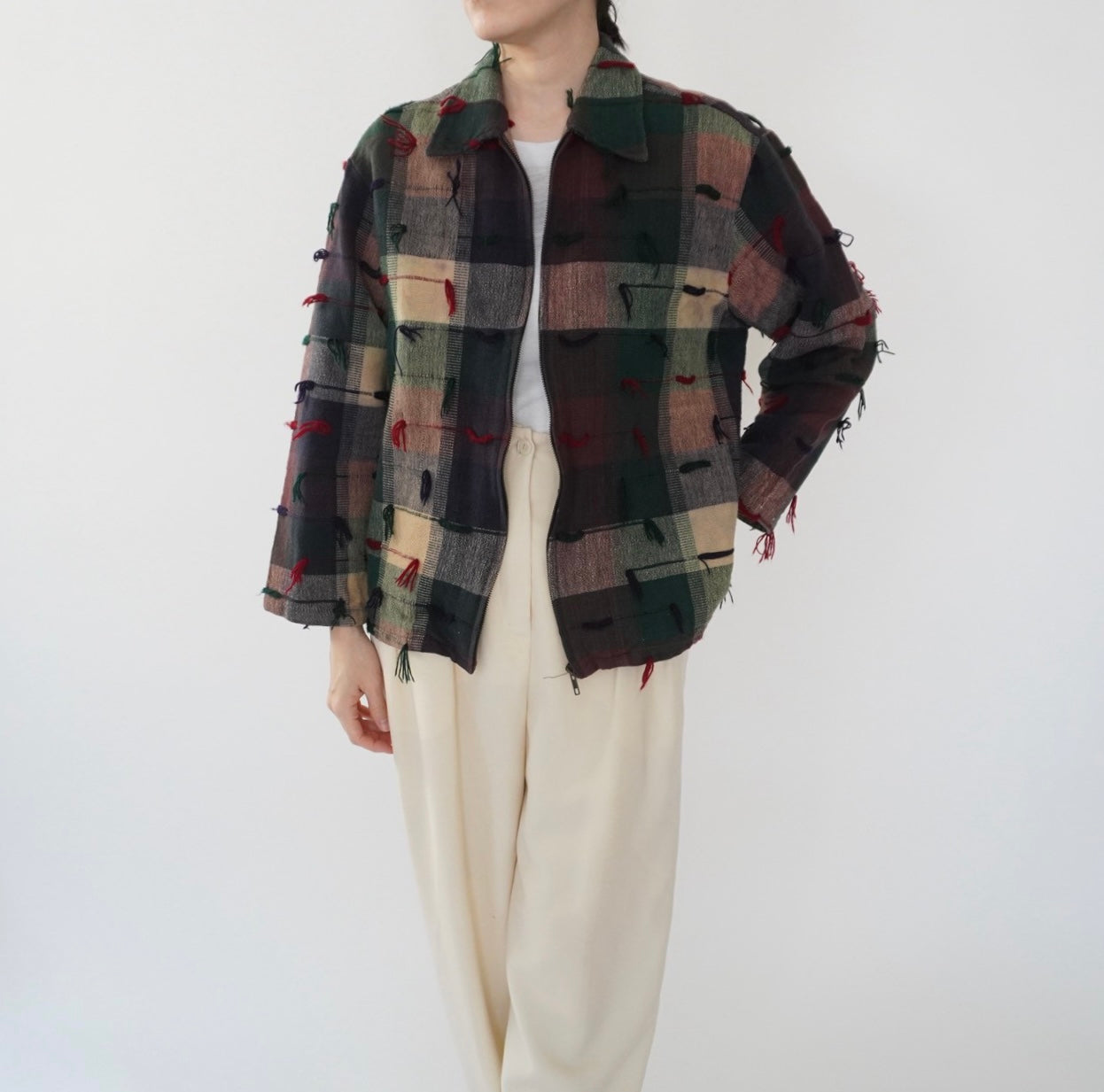 90s Plaid Fringe Light Jacket