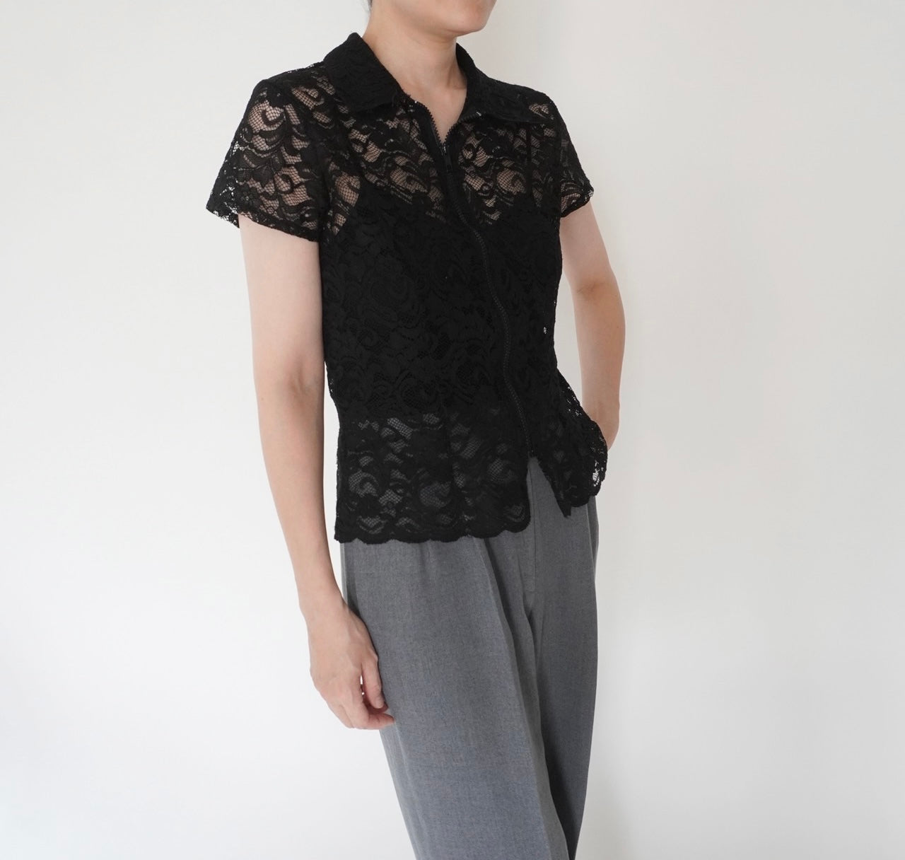 90s Lace Design Zipped Shirt Made in USA