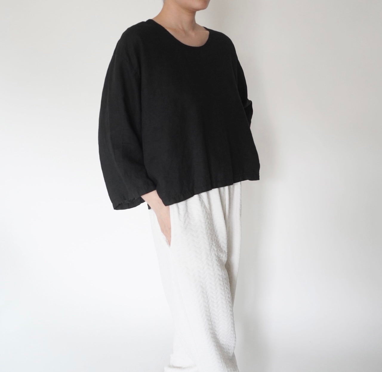 90s Black Linen Boxy Blouse