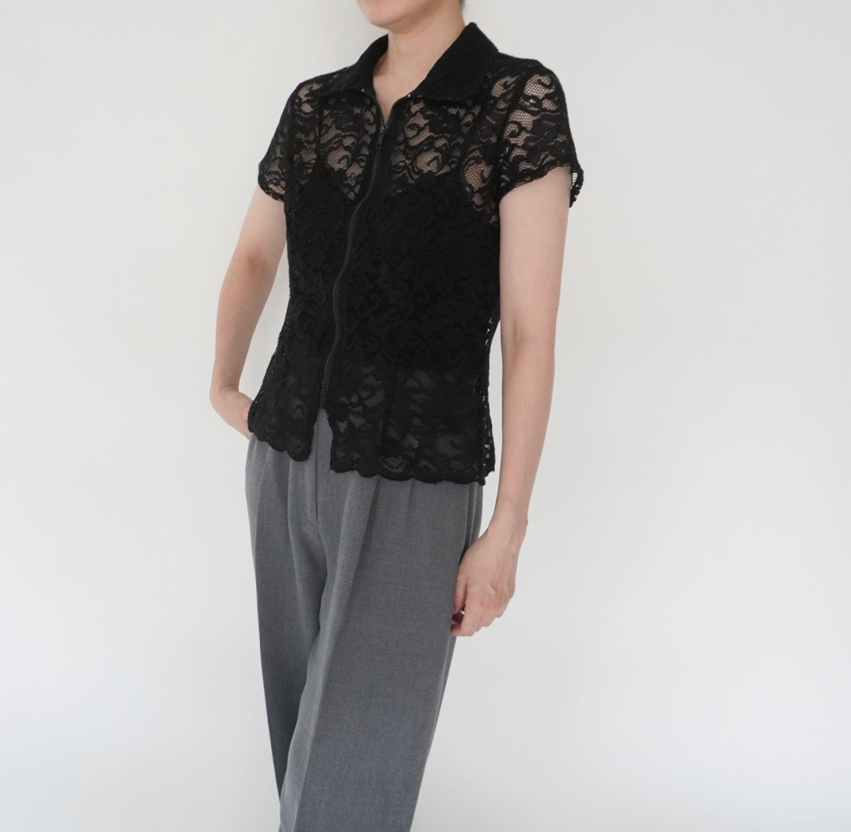 90s Lace Design Zipped Shirt Made in USA