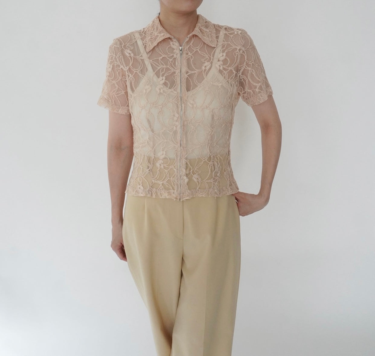 90s Lace Design Zipped Shirt Made in USA