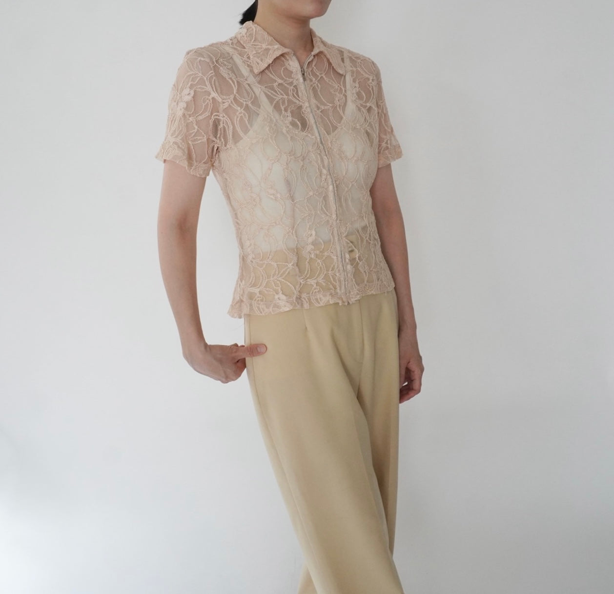 90s Lace Design Zipped Shirt Made in USA