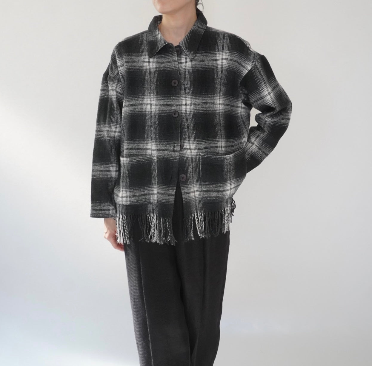 90s Shadow Plaid Fringe Shirt,Jacket Made in USA