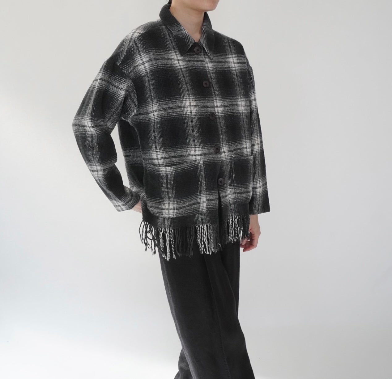 90s Shadow Plaid Fringe Shirt,Jacket Made in USA