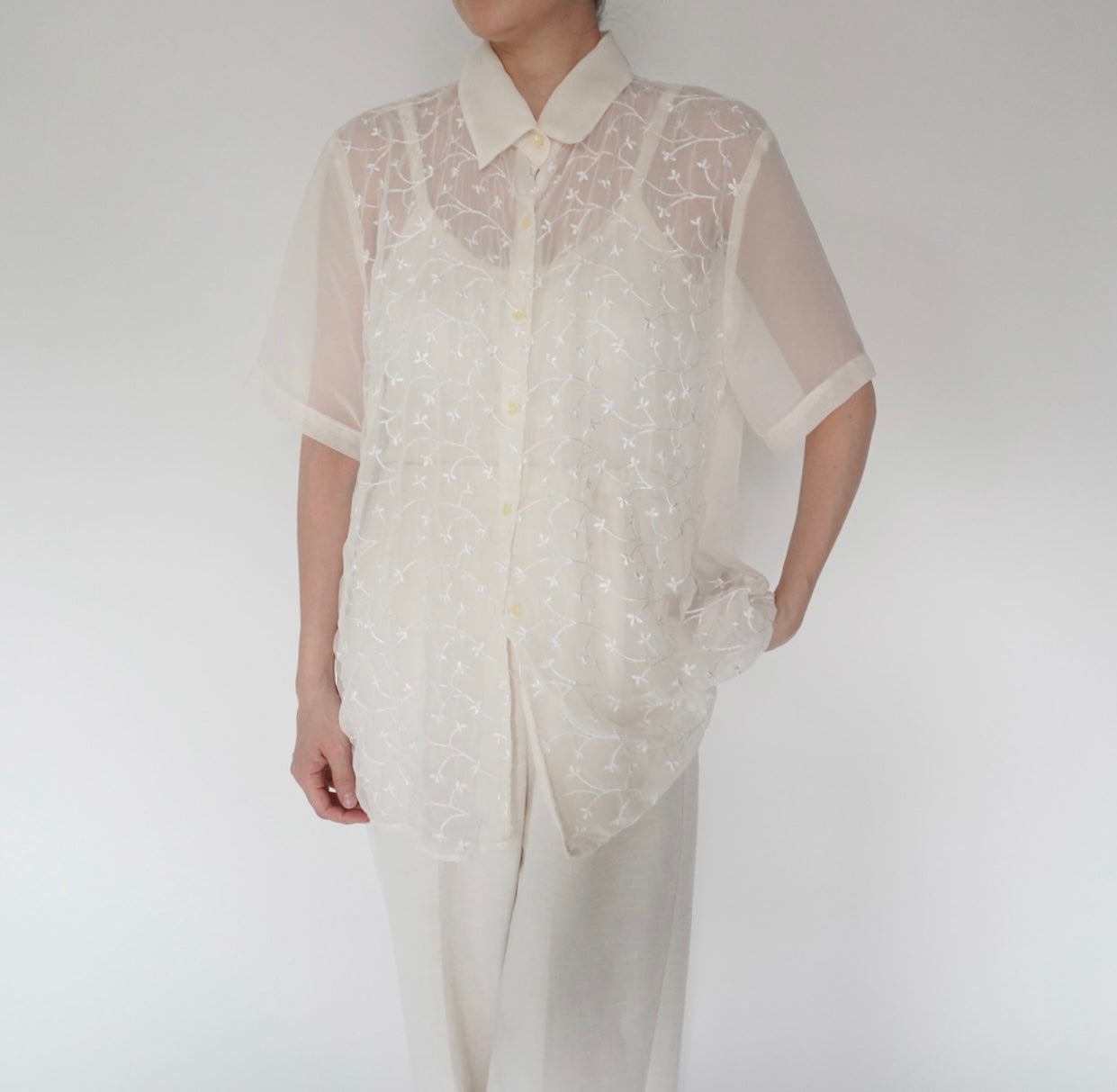 90s Embroidery Sheer Shirt Made in USA