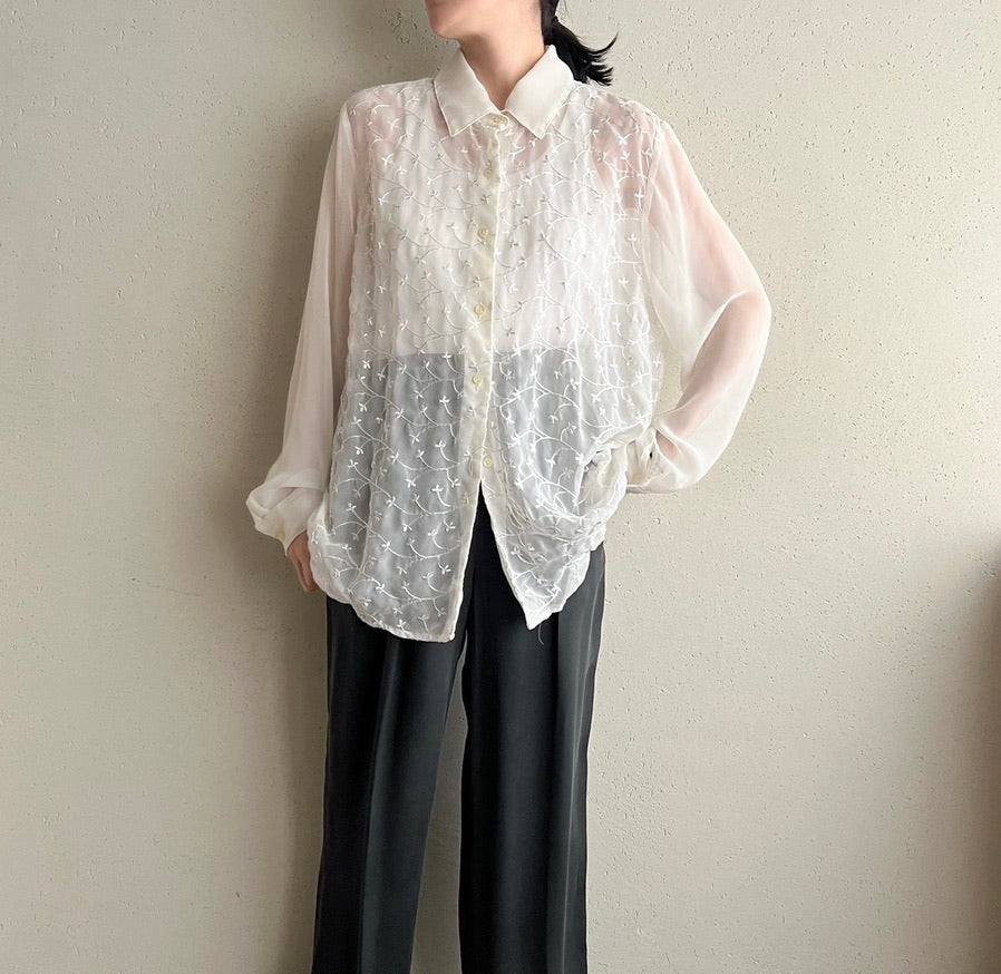 90s Sheer Embroidery Shirt  Made in USA