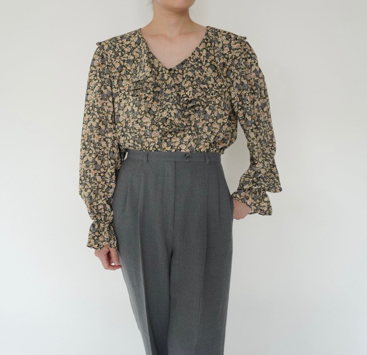 90s Flower Ruffle Blouse Made in USA