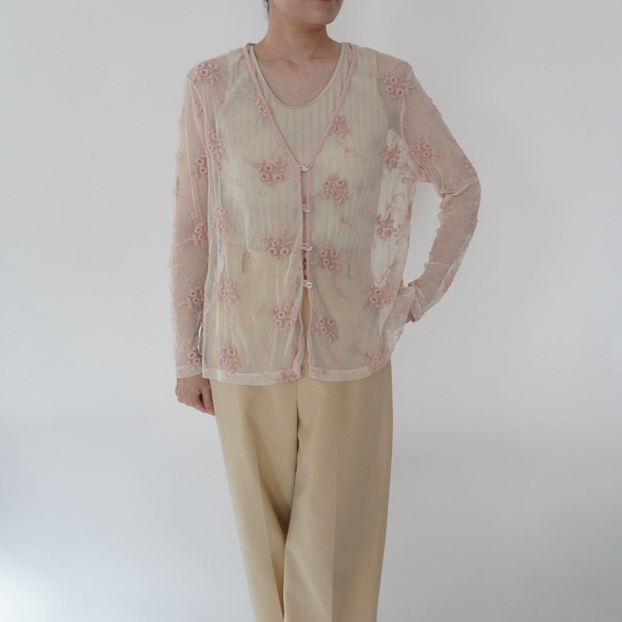 80s Embroidery Sheer Blouse Made in USA