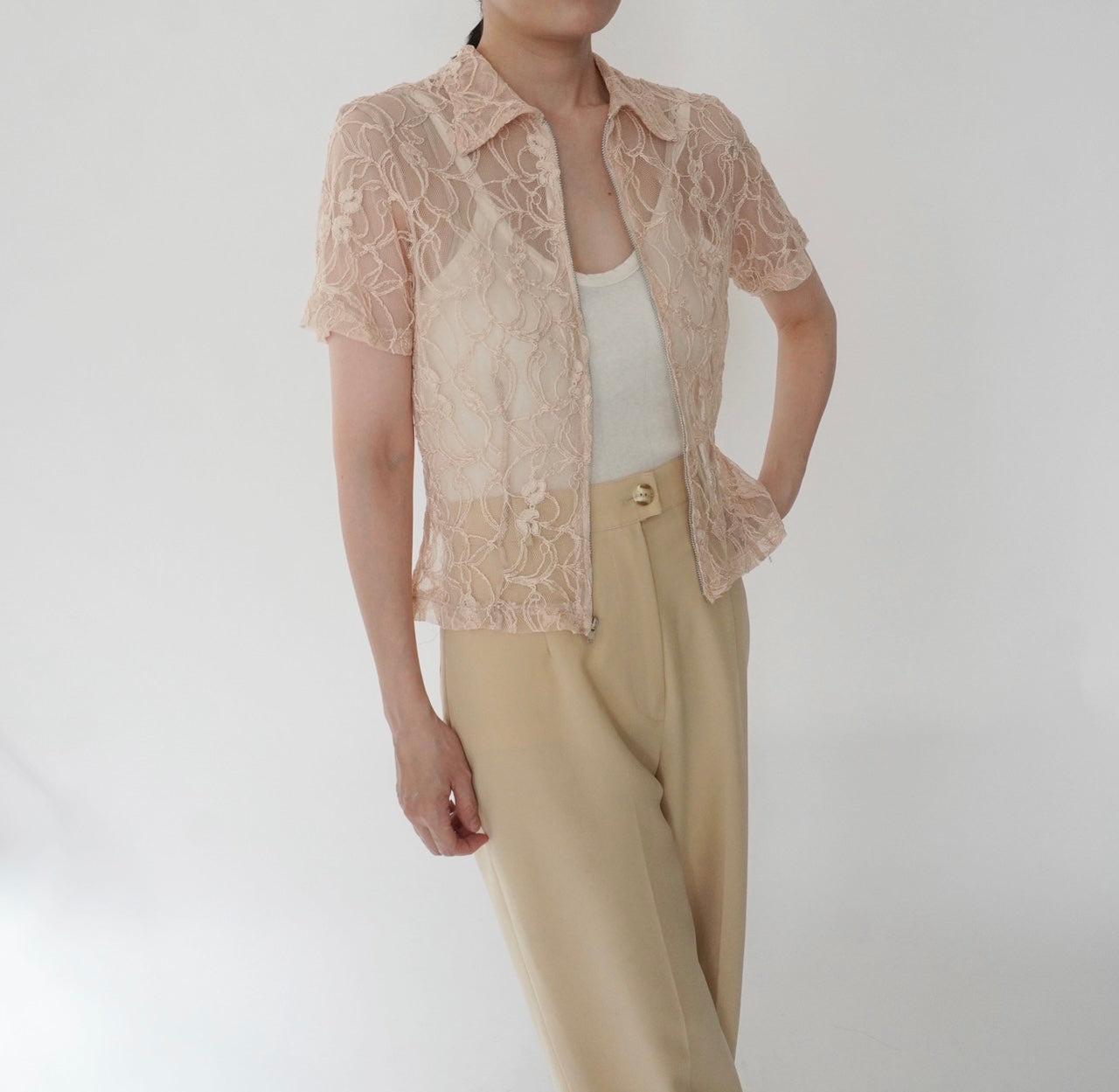 90s Lace Design Zipped Shirt Made in USA