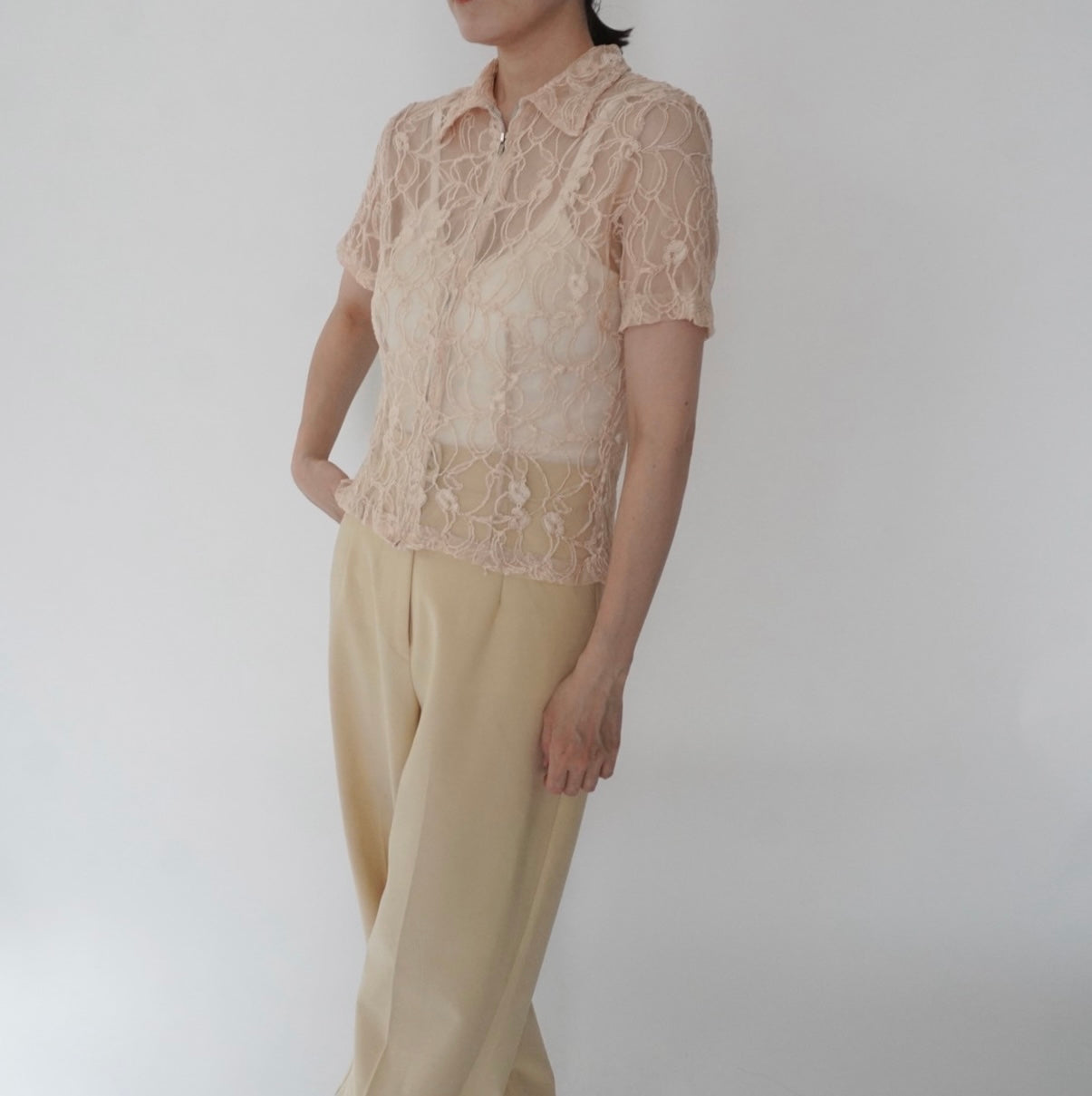 90s Lace Design Zipped Shirt Made in USA