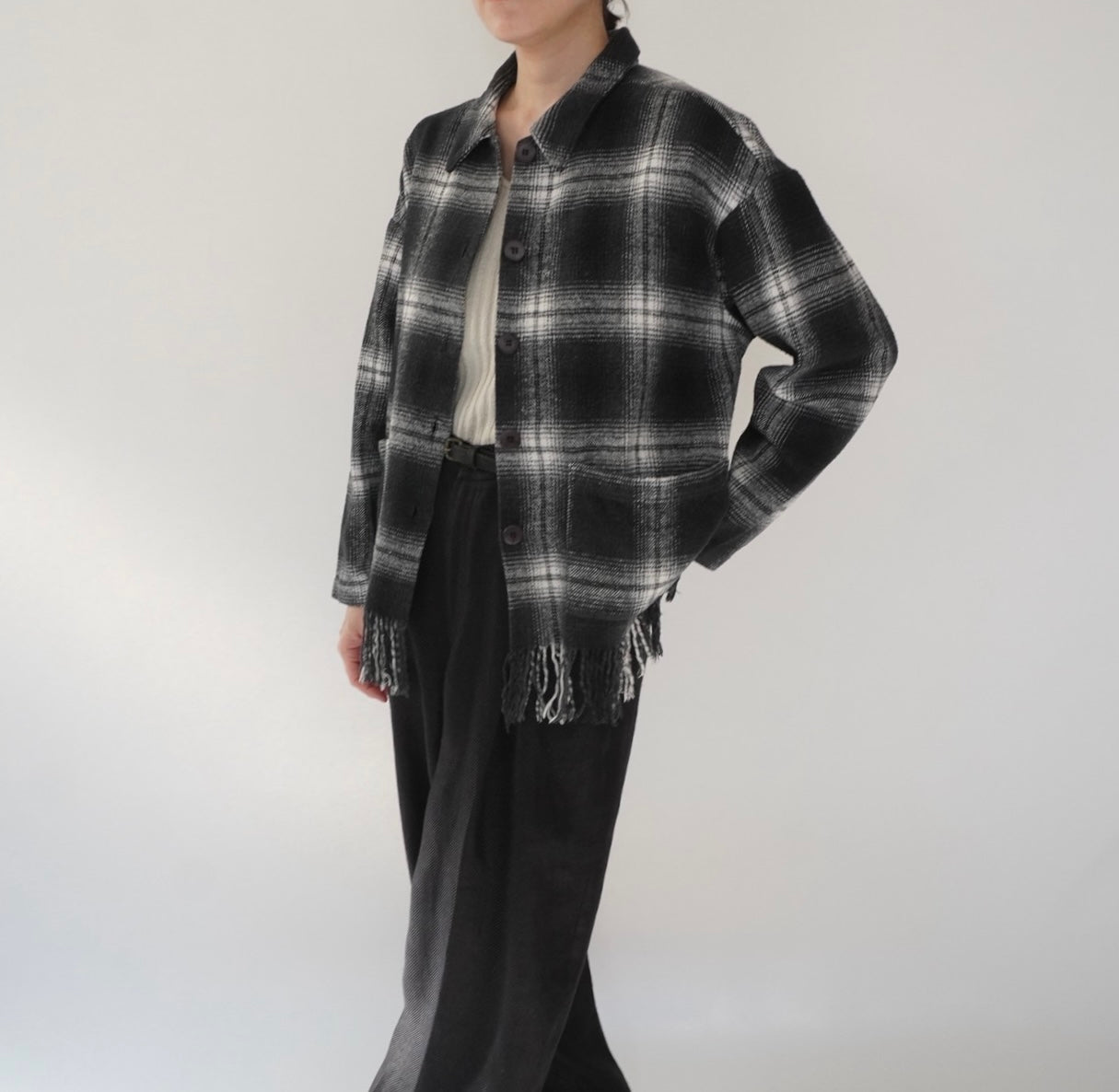 90s Shadow Plaid Fringe Shirt,Jacket Made in USA