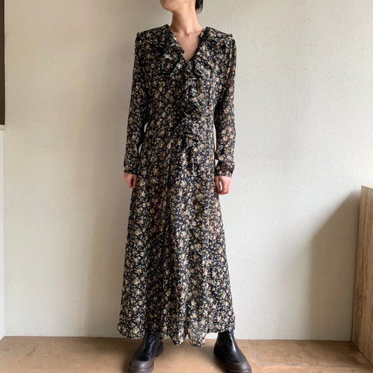 90s Printed Ruffle Maxi Dress