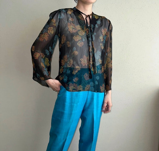 70s Printed Sheer Blouse Made in USA