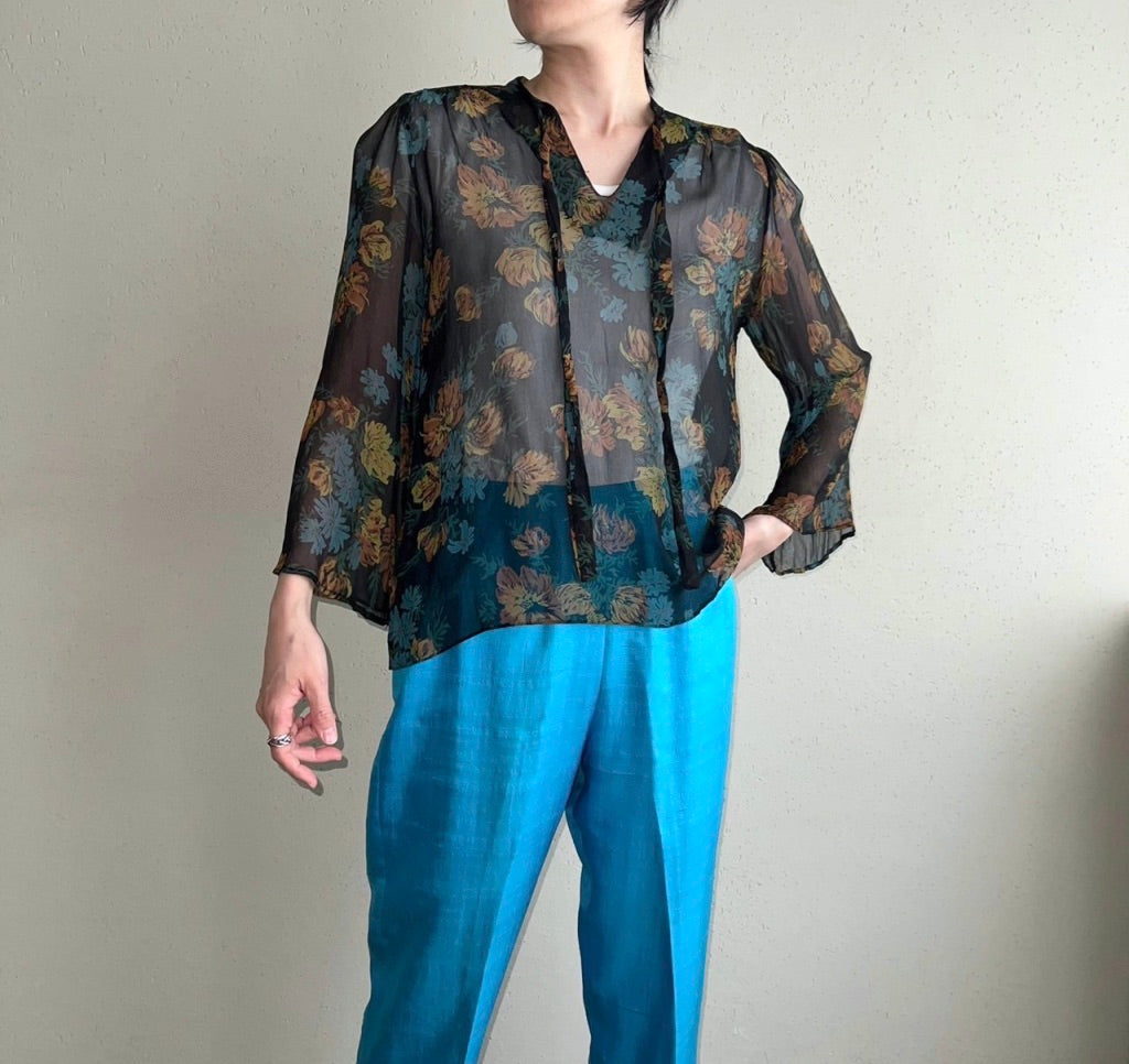 70s Printed Sheer Blouse Made in USA